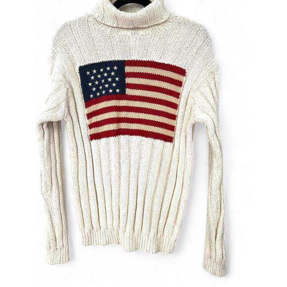 VINTAGE 1990's RALPH LAUREN 90's M American Flag USA Sweater Turtleneck Knit - Picture 1 of 6